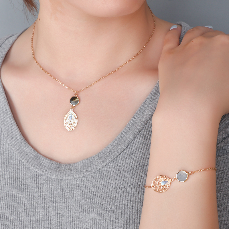 Stunning MOP Copper Gold Necklace and Bracelet Set with Waterdrop Accents