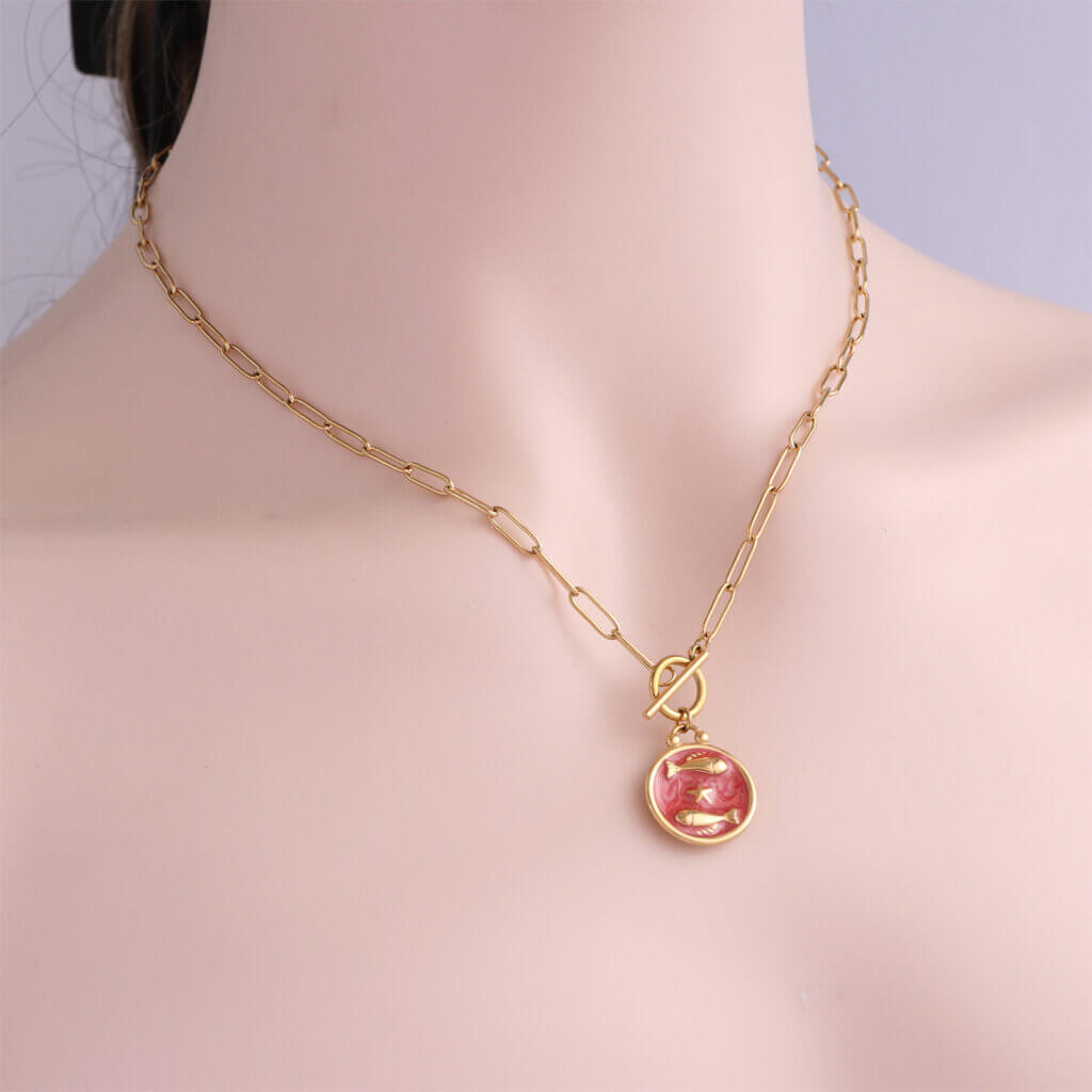 Enamel Pisces Zodiac Necklace in 18K Gold Plated Stainless Steel