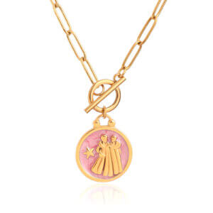 Enamel Gemini Pendant Necklace in Stainless Steel Gold Plated