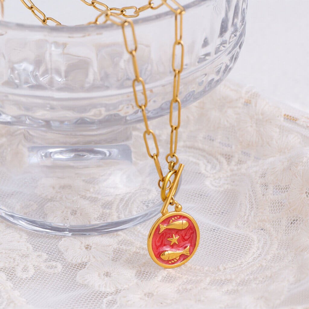 Enamel Pisces Zodiac Necklace in 18K Gold Plated Stainless Steel