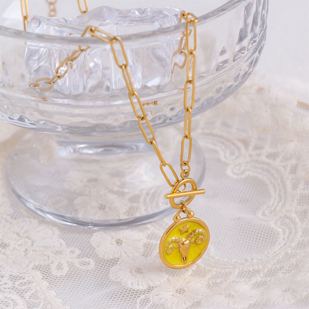 Enamel Aries Zodiac Sign Necklace in Gold Plated Stainless Steel