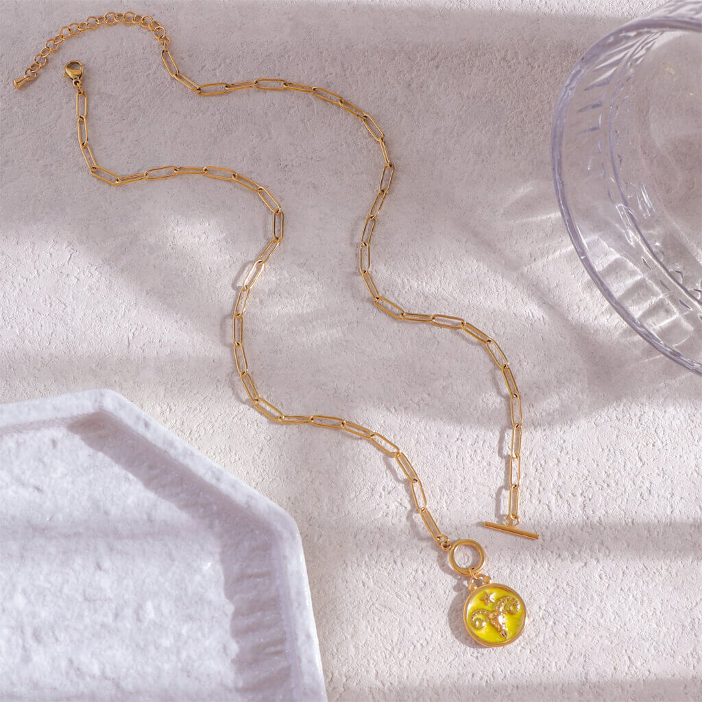 Enamel Aries Zodiac Sign Necklace in Gold Plated Stainless Steel
