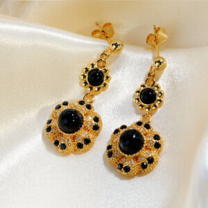 Vintage Luxury Floral Dangle Earrings with Black Onyx and CZ Stones