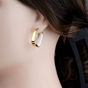 Modern Geometric Brass Gold Earrings with White Enamel Design