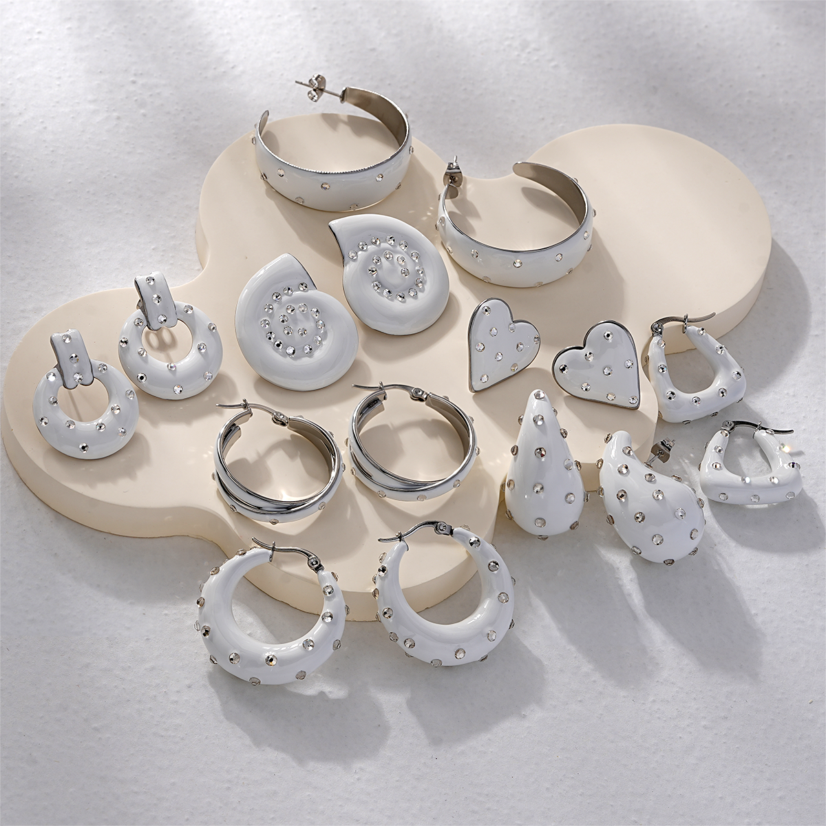 Rhinestone White Enamel Earrings Collection Designer Style