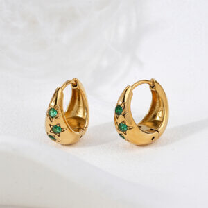 Stainless Steel Gold Star Huggie Earrings with Green Zircon