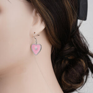 Rhodium Plated Pink Heart Earrings With Sparkling Zirconia