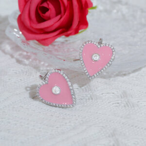 Rhodium Plated Pink Heart Earrings With Sparkling Zirconia