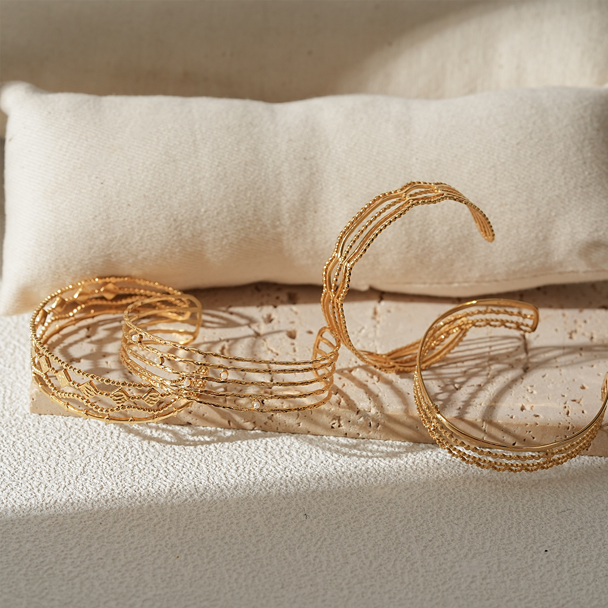 Modern Layered Open Cuff Bracelet in Gold Plated Stainless Steel